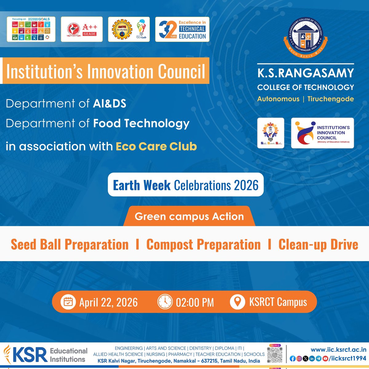 iicksrct1994's tweet photo. In view of Earth Week Celebration 2026, “Seed Ball Preparation | Compost Preparation | Clean-up Drive” on April 22, 2026 at 02:00 PM at the KSRCT campus.
#iicksrct1994 #ksrct1994 #ksrei #Civil #FoodTech #MinistryOfEarthSciences #MoEFCC #GovernmentOfIndia #RHF #EPCCD #EPTRI https://t.co/aVYiwLDMG4