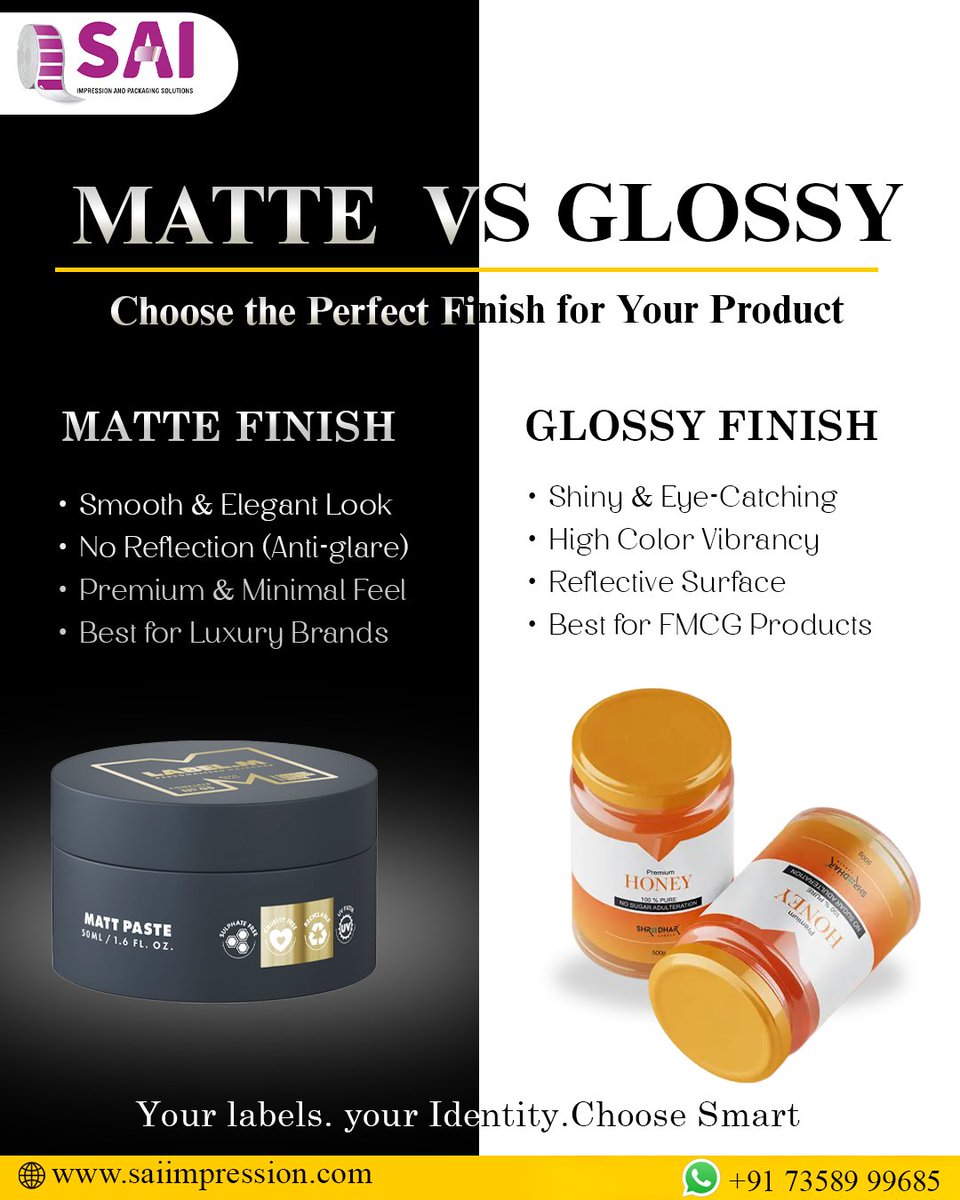 ImpressionSai's tweet image. Matte or Glossy? Your packaging decides the first impression.

🖤 Matte: Premium &amp;amp; elegant
✨ Glossy: Vibrant &amp;amp; eye-catching
Choose smart. Stand out on the shelf

🌐saiimpression.com
📲+91 73589 99685

#MatteVsGlossy #PackagingDesign #Branding #SaiImpression #PrintSolutions
