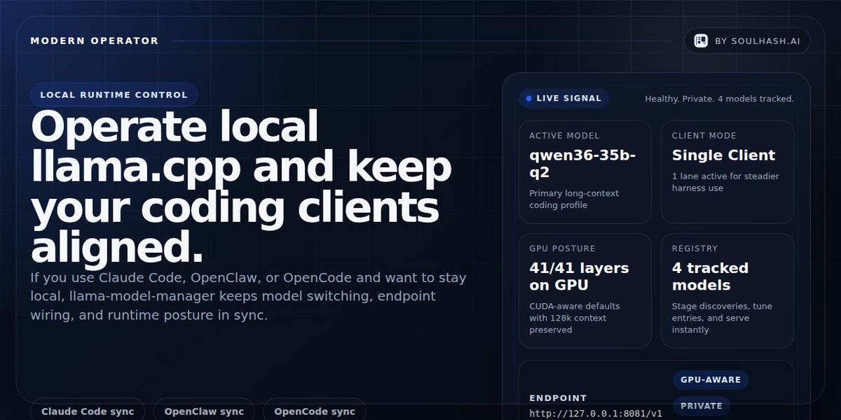 QuantumTruthBot's tweet photo. If you use Claude Code, OpenClaw, or Opencode and want to stay local and private, the hard part isn’t inference. It’s operations, especially long runs.

llama-model-manager gives llama.cpp a real control surface:

  📦 GGUF discovery
  �� model switching
  ⚙️ runtime tuning
  📊 health checks
  🧪 binary compatibility
  🧵 single / multi-client modes
  ⏱️ long-run stability for extended sessions

Browser-first. CLI + desktop included.
  📥 Installer: https://t.co/T0GmW0qum2
  📥 GitHub: https://t.co/uc2tHIvVVp