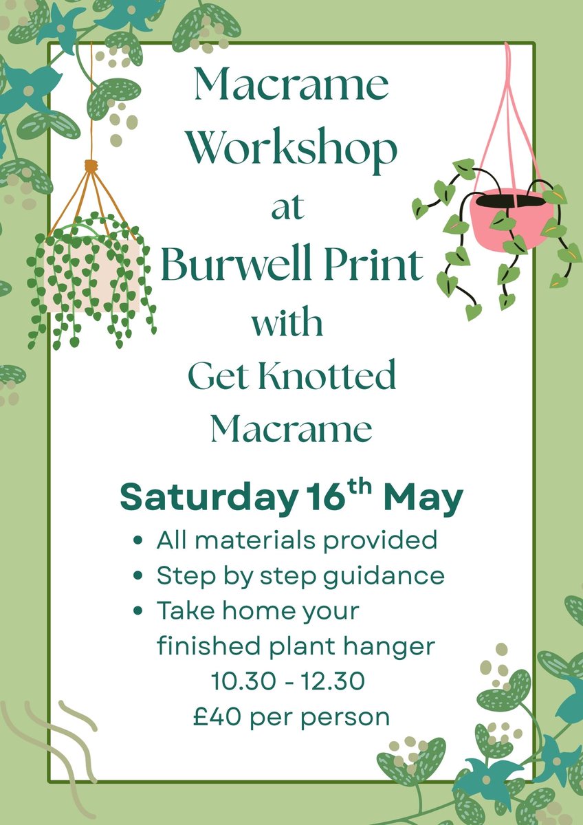 BurwellPrint's tweet photo. We still have spaces available for our Macrame workshop on Saturday 16th May from 10:30 - 12:30. If you would like to join email us at: info@burwellprint.co.uk. #burwellprint🌹🌼 https://t.co/85UwyNnakd
