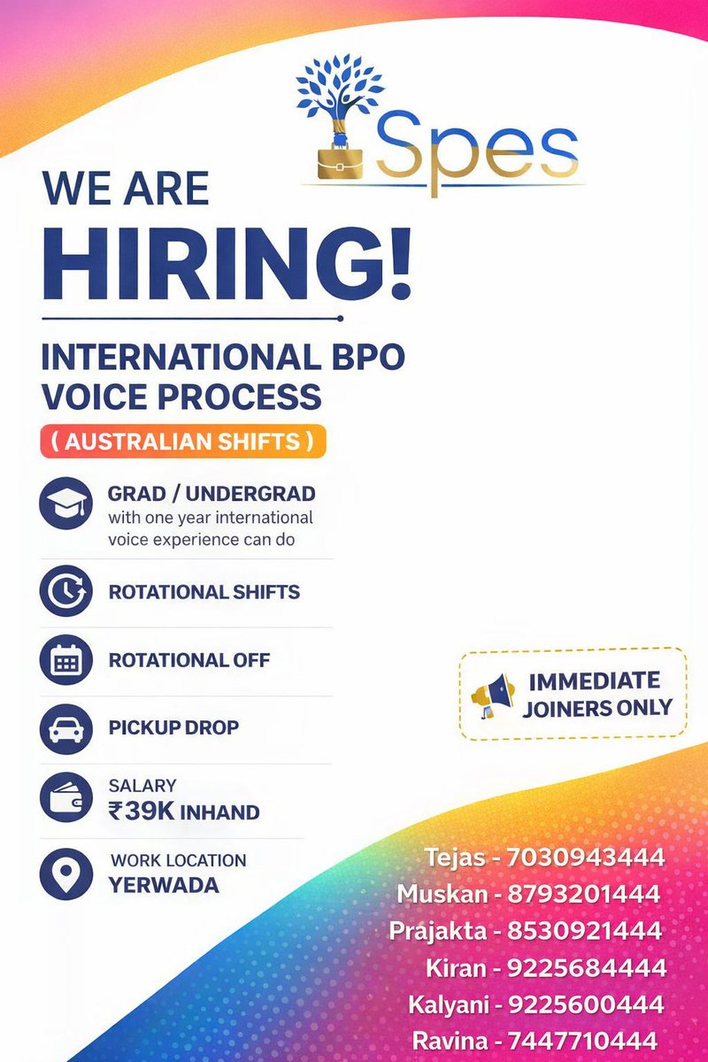 Spes_Jobs's tweet image. Hiring international voice process. 

#WeAreHiring #HiringNow #BPOJobs #InternationalVoiceProcess #AustralianShift #CustomerSupport #VoiceProcessJobs #CallCenterCareers #BPOHiring #CareerOpportunity #JoinOurTeam #ImmediateJoiners #WorkFromOffice #YerwadaJobs #PuneHiring
