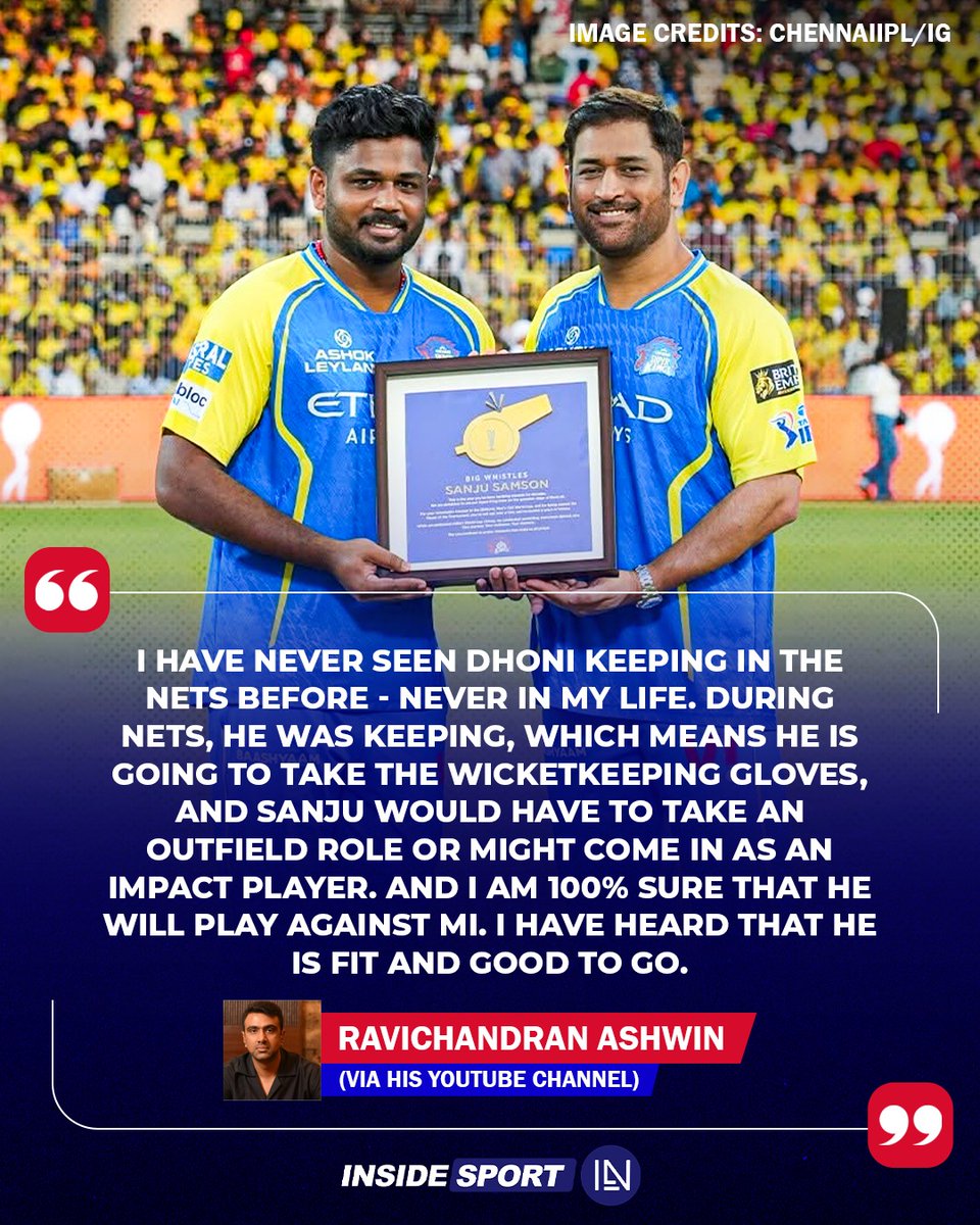 InsideSportIND's tweet image. Ravichandran Ashwin has stated that MS Dhoni will be fit for CSK's fixture against MI at Wankhede Stadium on April 2️⃣3️⃣.

#RavichandranAshwin #MSDhoni #SanjuSamson #CSKvMI #IPL2026 #CricketTwitter