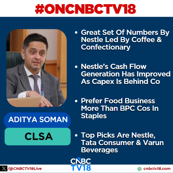CNBCTV18Live's tweet image. #OnCNBCTV18 | Great set of numbers by nestle led by coffee &amp;amp; confectionary, commodity cost cooling off supported margins &amp;amp; marketing spends.  #Nestle’s cash flow generation has improved as capex is behind co, says #AdityaSoman of #CLSAIndia