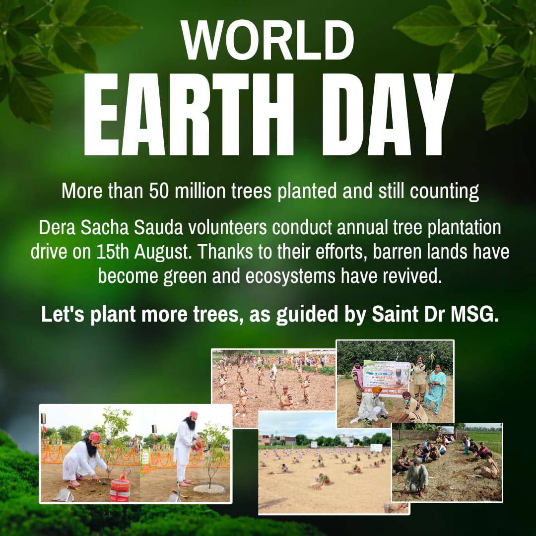 Baani12712471's tweet image. Under the guidance of Saint Dr. Gurmeet Ram Rahim Singh Ji Insan, Dera Sacha Sauda volunteers (65 million+) celebrate Earth Day by pledging to plant trees, save water, banish plastic, and conduct mega cleanliness campaigns.
#WorldEarthDay
#WorldEarthDay2026
#Saintdrmsg