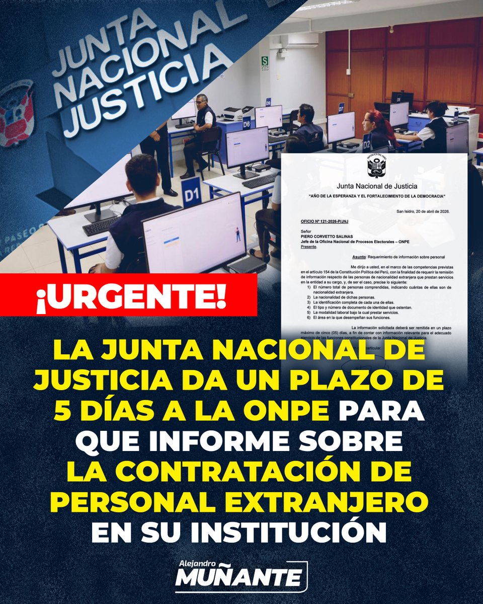🚨 #URGENTE | La Junta Nacional de Justicia (JNJ) ha otorgado un plazo de 5 días hábiles a la ONPE para que informe de forma detallada sobre la contratación de personal de nacionalidad extranjera en su institución. Lo que comprende: número total de personas contratadas;