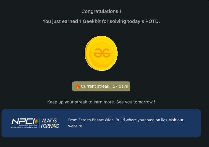 ayushi__ofc's tweet photo. 📊 Day 57/60 – #geekstreak60
Solved Mean of Range in Array on @geeksforgeeks
✔ Used Prefix Sum for fast range queries
✔ Computed floor average in O(1) per query
✔ Overall efficient O(N + Q)
Powered by @NPCI_NPCI
#npci #GeeksforGeeks #POTD #DSA #Java #CodingJourney #WomenInTech https://t.co/GTTZfeBaND