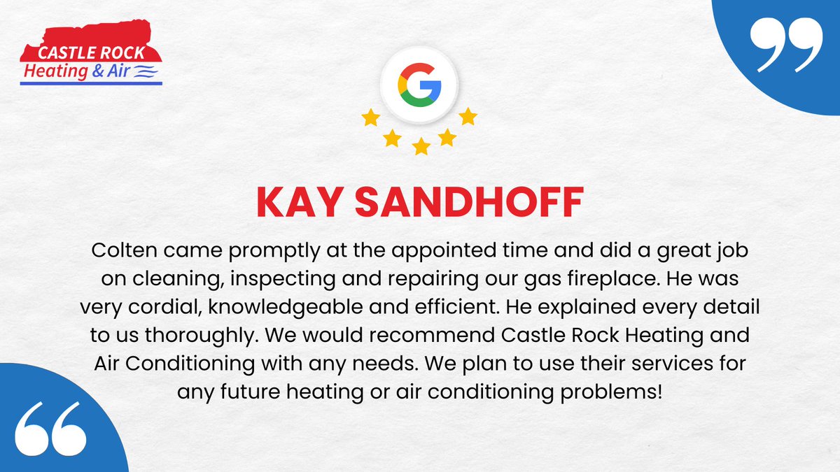 rock_heating's tweet photo. Shoutout to Kay Sandhoff for the amazing review! 🥰

Colten’s punctuality, knowledge &amp; advanced equipment delivered spotless fireplace results. 😍💯✅

Your trust means a lot! 😊🤝

#CastleRockHeatingAndAir #expertservice #longlastingresults #happycustomer https://t.co/OfX91BDPvz