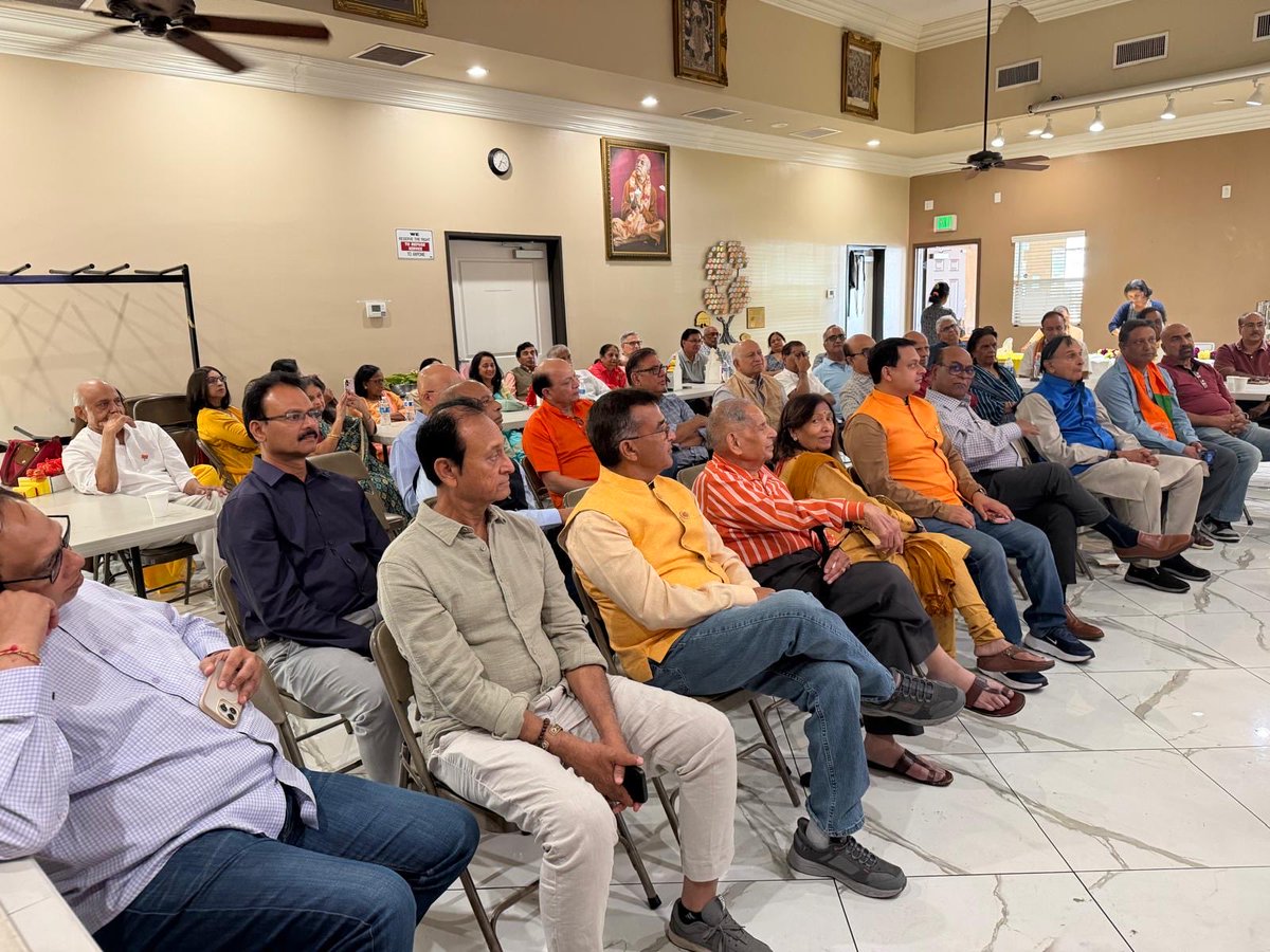 ofbjp_usa's tweet photo. Southern California OFBJP celebrated BJP Foundation Day on Sunday, April 19th at Radha Raman Mandir.

The event began with traditional lamp lighting followed by pratham Ganesh Vandana. The audience then sang both the American national anthem and the Indian national anthem to formally commence the program.

P.K. Nayak welcomed the audience and highlighted the rise of the BJP and its contributions toward building a new India. Latesh Bhambani presented a short video on Syama Prasad Mukherjee, the founder of Jana Sangh, and traced the BJP’s journey since its establishment in 1980.

Sunil Agrawal showcased key events organized in Southern California since 2015, including the 2015 conference, Chai Pe Charcha across the region in 2019, election-related phone campaigns, and a car rally in 2024.

Dr Vasant Rathi and Janakbhai Patel were felicitated by Southern California OFBJP for their outstanding community contributions.@narendramodi @PMOIndia @vijai63 @joharashwin @AdapaVPrasad