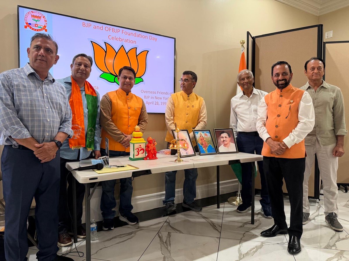 ofbjp_usa's tweet photo. Southern California OFBJP celebrated BJP Foundation Day on Sunday, April 19th at Radha Raman Mandir.

The event began with traditional lamp lighting followed by pratham Ganesh Vandana. The audience then sang both the American national anthem and the Indian national anthem to formally commence the program.

P.K. Nayak welcomed the audience and highlighted the rise of the BJP and its contributions toward building a new India. Latesh Bhambani presented a short video on Syama Prasad Mukherjee, the founder of Jana Sangh, and traced the BJP’s journey since its establishment in 1980.

Sunil Agrawal showcased key events organized in Southern California since 2015, including the 2015 conference, Chai Pe Charcha across the region in 2019, election-related phone campaigns, and a car rally in 2024.

Dr Vasant Rathi and Janakbhai Patel were felicitated by Southern California OFBJP for their outstanding community contributions.@narendramodi @PMOIndia @vijai63 @joharashwin @AdapaVPrasad