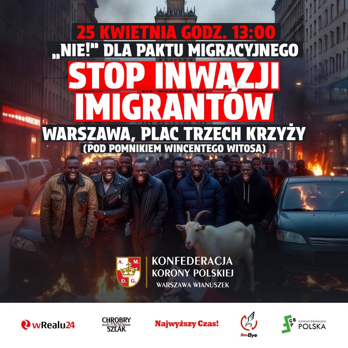 To już w tę sobotę❗️Będzie z nami wielu wspaniałych mówców w tym Grzegorz Braun👇

📍 Marsz Stop Inwazji Imigrantów
📆 25 kwietnia (sobota)
⏱️ Godzina 13:00
📍 Plac Trzech Krzyży, Warszawa – pod pomnikiem Wincentego Witosa.

🛑 STOP INWAZJI IMIGRANTÓW!
Dość niszczenia naszego