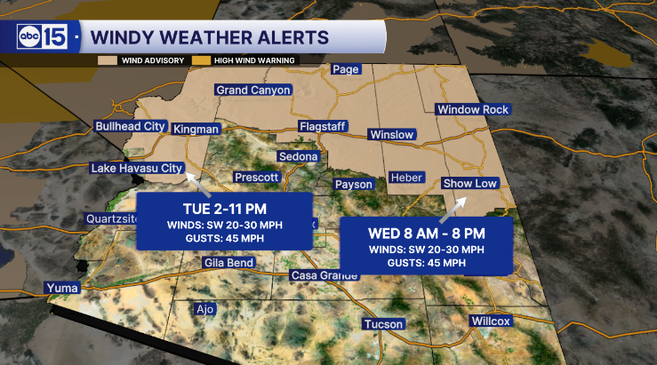 AmberSullins's tweet photo. Winds cranking up across Arizona.

Fire danger will be on Wednesday, especially across northeastern Arizona where Red Flag Warnings are in effect.

APS may do public safety power shutoffs on the east side of Flagstaff. 

#abc15 #abc15wx #azwx #az #wx #arizona #weather https://t.co/tbTirTSU3k