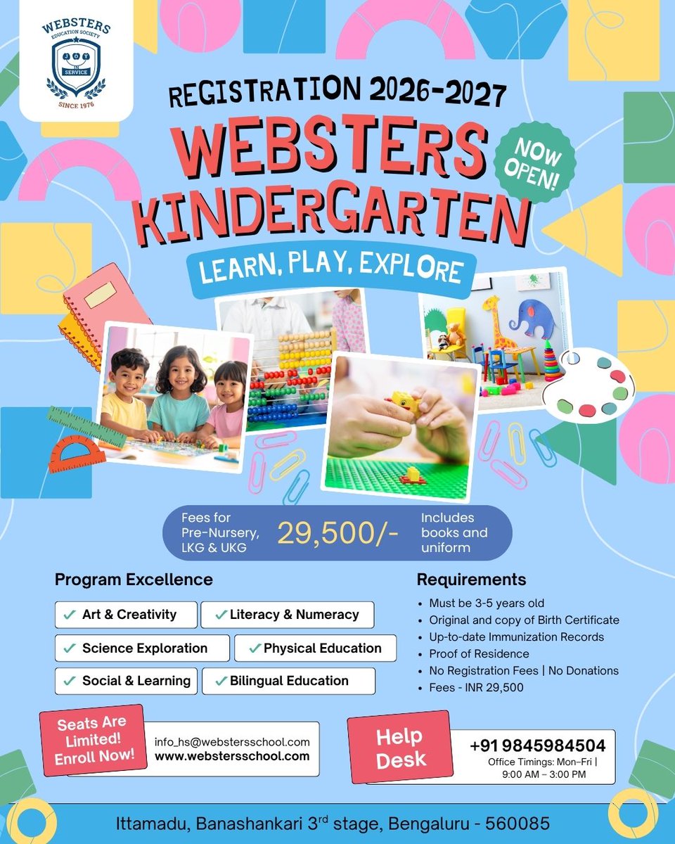 WebstersSchool's tweet image. Tiny backpacks. Big beginnings. 🎒✨
Admissions for Websters Kindergarten (2026–2027) are now open!
✔️ No registration fees
✔️ No donations
✔️ Books &amp;amp; uniform included
📞 +91 9845984504 📍 Banashankari, Bengaluru

#AdmissionsOpen #Kindergarten #EarlyLearning #BangaloreSchools