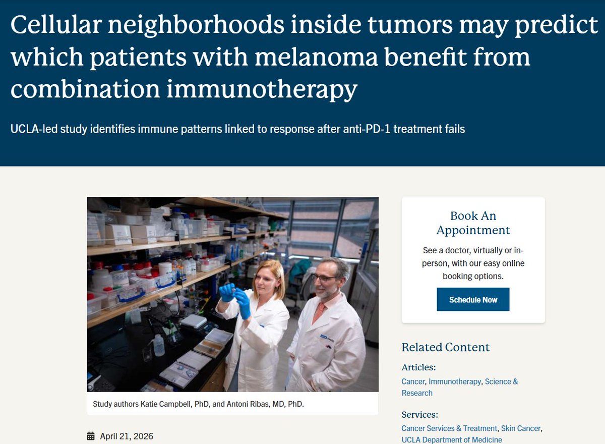 peter_brit's tweet image. #dcvax $nwbo #gbm 

Cellular neighborhoods inside tumors may predict which patients with melanoma benefit from combination immunotherapy:
April 21, 2026

UCLA-led study identifies immune patterns linked to response after anti-PD-1 treatment fails

A new UCLA Health Jonsson
