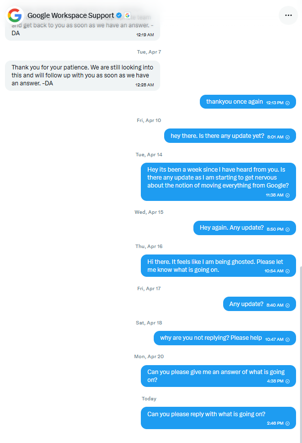 marklucas1's tweet photo. @AskWorkspace Please let me know what is going on like you said you would. Not having great communication here https://t.co/DgBXup0wpW