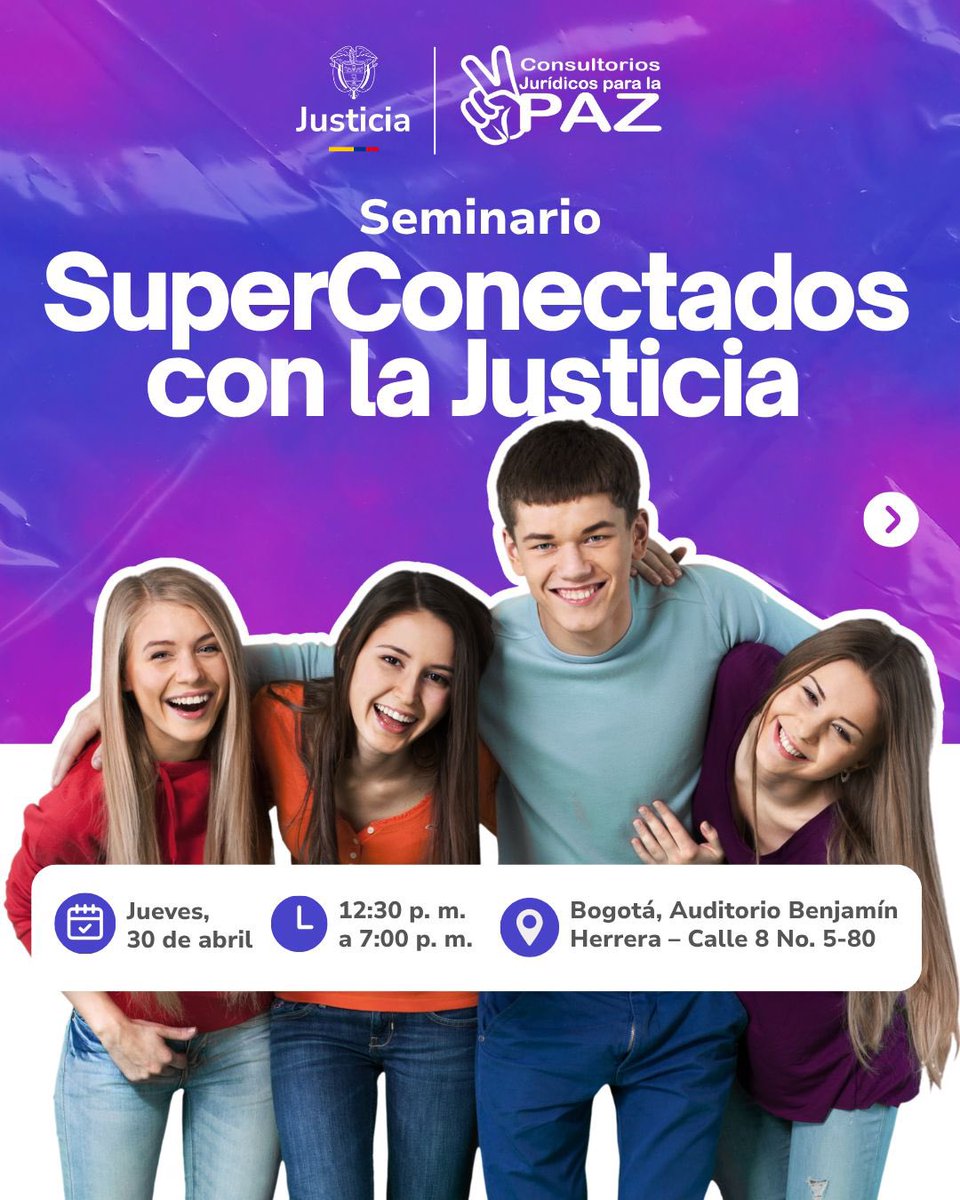MinjusticiaCo's tweet photo. 📢 Atención, estudiantes de Consultorio Jurídico en Bogotá.

El @MinJusticiaCo invita a participar en el seminario ‘SuperConectados con la Justicia’, un espacio de formación diseñado para fortalecer competencias en acciones jurisdiccionales de protección al consumidor y usuarios, ampliar conocimientos y contribuir al acceso efectivo a la justicia.

🎓 Certifícate y fortalece tu perfil profesional.
⚖️ Desarrolla habilidades clave para el ejercicio jurídico.

👥 Invitados: @Supersalud, @sicsuper, @SFCsupervisor.

🗓 Fecha: Jueves, 30 de abril
🕧 Hora: 12:30 p. m. a 7:00 p. m.
📍 Lugar: Bogotá, Auditorio Benjamín Herrera – Calle 8 No. 5-80

Haz parte de esta iniciativa y potencia tu formación académica con enfoque práctico.

⚠️ Cupos limitados

Inscríbete aquí 👉 https://t.co/odklJdcC8L
