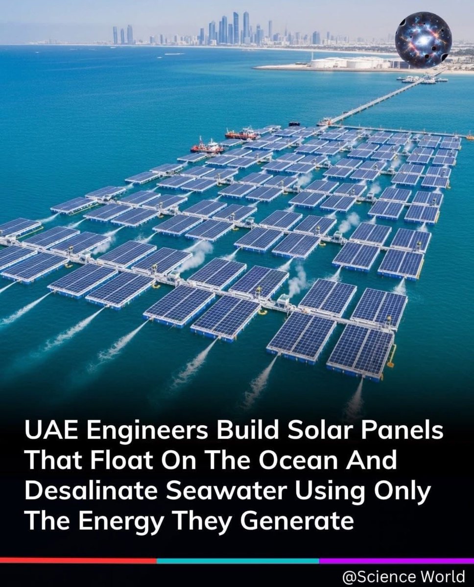 danielarang0's tweet photo. Ingenieros de EAU crean paneles solares flotantes que generan electricidad y a la vez desalinizan el agua, produciendo más de 20,000 litros diarios de líquido potable. https://t.co/hoF6c62bFb