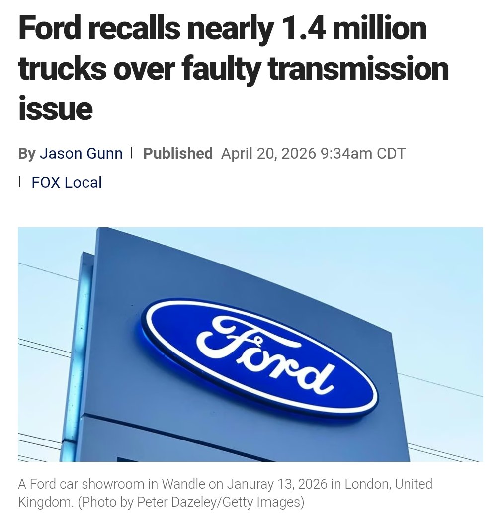 karthik_rangan's tweet image. Ford is recalling 1.4 Million F-150 trucks from 2015 to 2017 for a transmission problem. 

A loss of signal from the transmission range sensor may cause the truck to downshift unexpectedly. 

Owners can take their vehicles to the dealership to have the software updated