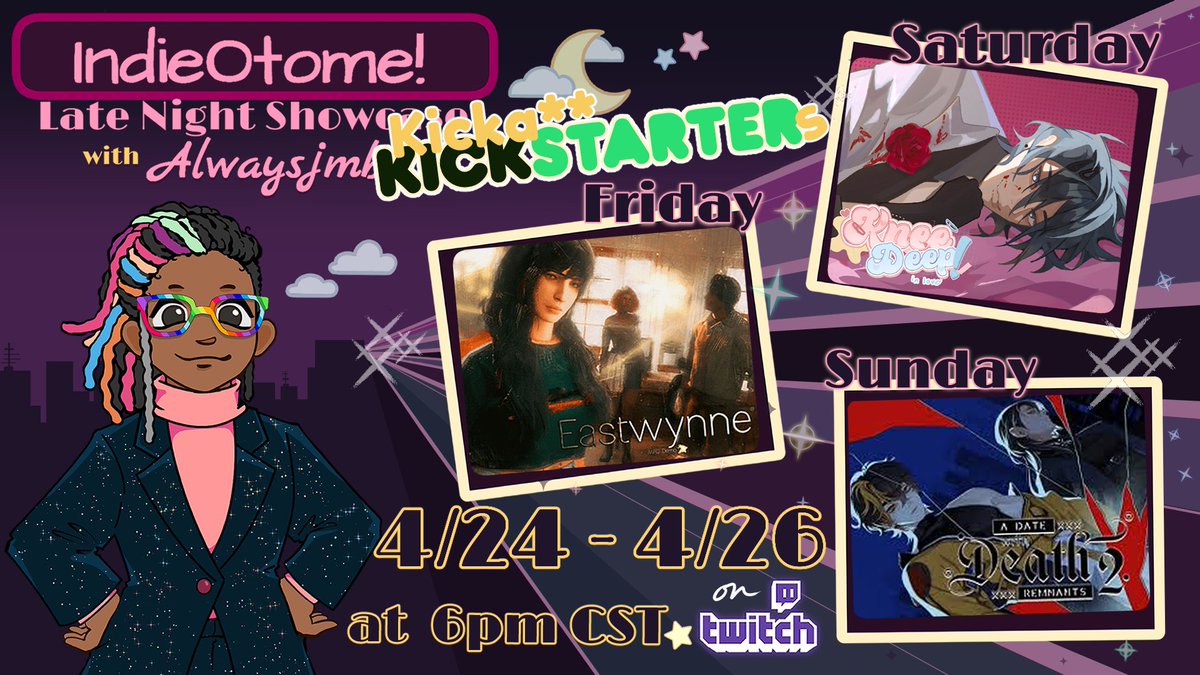 WorldIndieOtome's tweet photo. The Showcase Lineup is here! This weekend is a Kick@$$ Kickstarter roster!

Fri: Let's revisit Eastwynne
Sat: We're getting Knee Deep
Sun: A Date With Death 2: Remnants 

4/24-426 6pm CST!
https://t.co/w2VkKs8Cae 
Show up and let's show out! https://t.co/O8Uy8emq9A