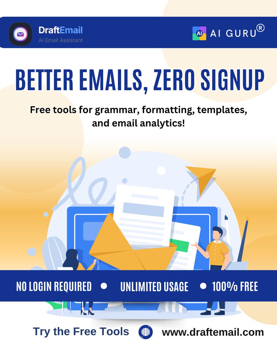 aiguruin's tweet image. Better Emails. Zero Signup.

Perfect for students, professionals, freelancers, and businesses who want to write better emails faster. 

Try Free Tools - draftemail.com/free-tools

#DraftEmail #FreeTools #EmailWriting #GrammarCheck #EmailTemplates #ProductivityTools