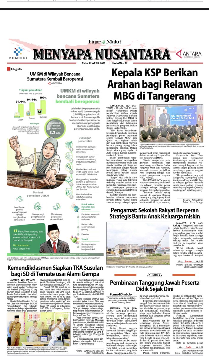 fajar_malut's tweet photo. Fajar Malut dengan Menyapa Nusantara Edisi Rabu 22 April 2026 #Fajarmalut  #Menyapanusantara #Komdigi #LKBNAntara  #Ternate https://t.co/SrEHmG5ICx
