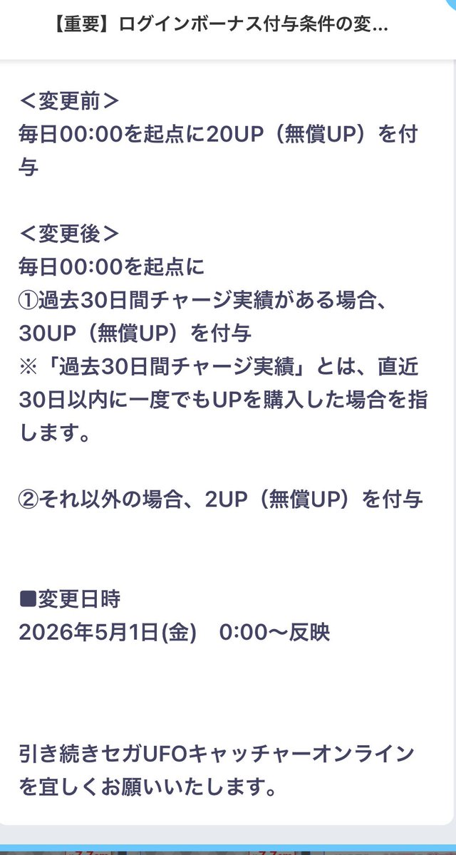 uni4500's tweet photo. セガUFOキャッチャーオンライン
5月1日より無課金は完全排除へ
無償UPは30日間で失効するので
MAXまで貯めても60UP
最低料金は60UP(景品は無償UP)
通常景品の最安値は100UPからがメイン
今まではMAX600UP貯めれたから2〜3回やって行けそうなら課金してたけどこれならプレイすること自体無くなりそう https://t.co/pfvFfMg1ws