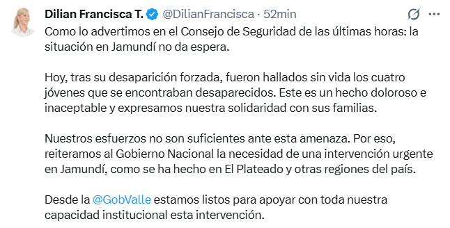 Caracol_Cali's tweet image. #Seguridad | Como un  hecho doloroso e inaceptable, calificó la gobernadora del Valle @DilianFrancisca, el asesinato de los cuatro #Jóvenes que habían sido #Desaparecidos la semana pasada en zona rural de #Jamundí.
