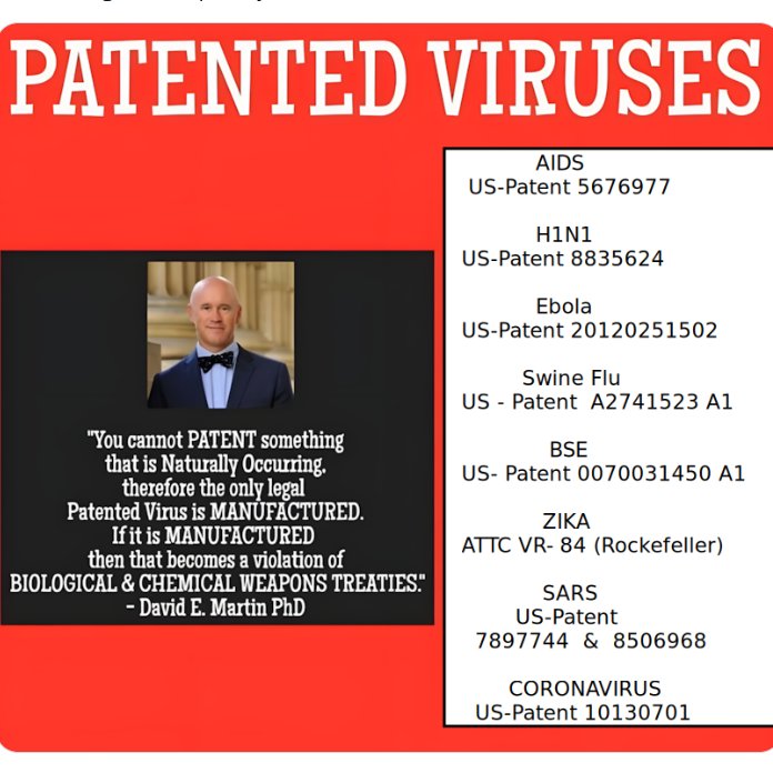 Dr. David E. Martin, PhD:
"You cannot patent something that is naturally occurring, therefore the only legal patented virus is manufactured."

"If it is manufactured then that becomes a violation of biological &amp; chermical weapons treaties."