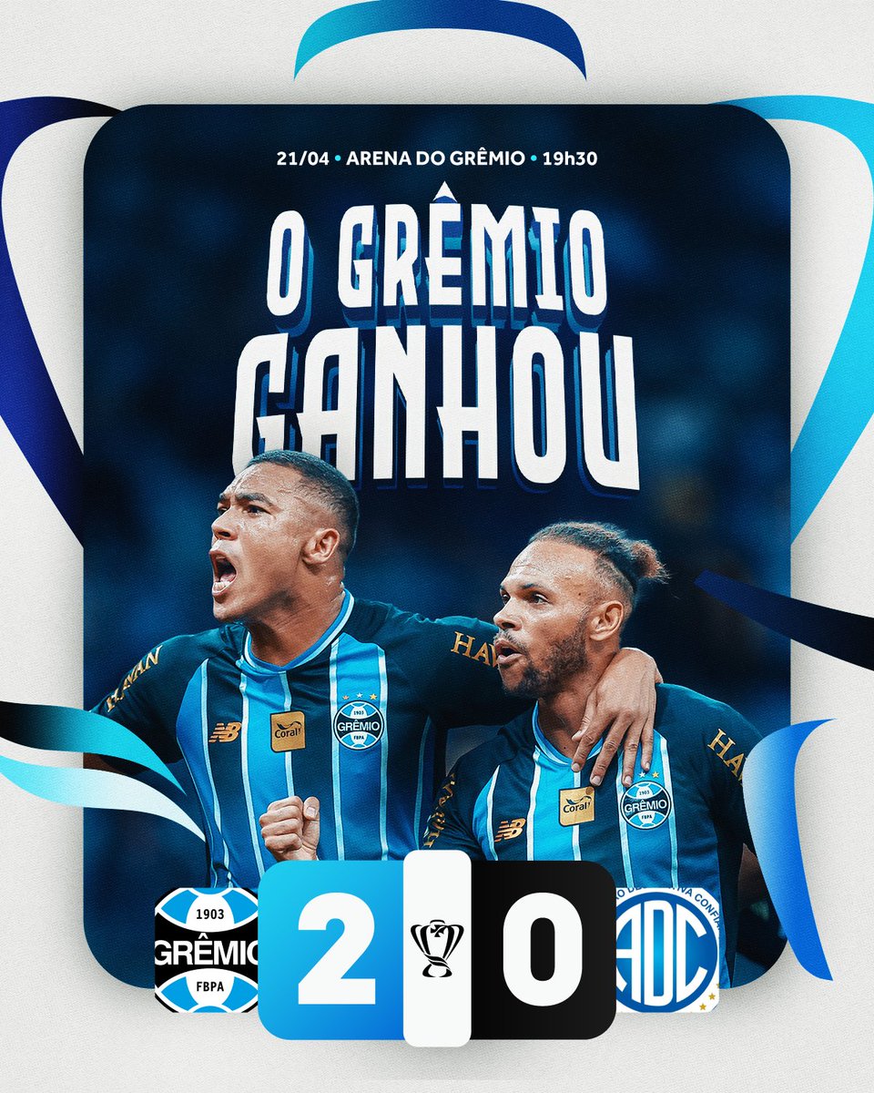 VANTAGEM TRICOLOR 🇪🇪 #Grêmio 2x0 A.D. Confiança
Embalados pela força das arquibancadas e com a Aura Copera dentro de campo, estreamos com o pé direito na #CopaDoBrasil2026. Carlos Vinícius e Amuzu balançaram as redes para deixar o Imortal na frente deste confronto da 5ª fase da