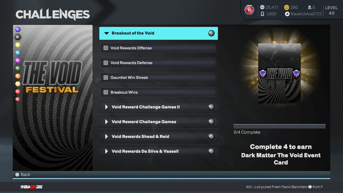 80sBearfan4life's tweet image. So all I have left void festival wise is the breakout of the void challenges. I'll probably tackle them tomorrow as I really don't want to play a ton of breakout and breakout gauntlet games while tired.
#NBA2K26
