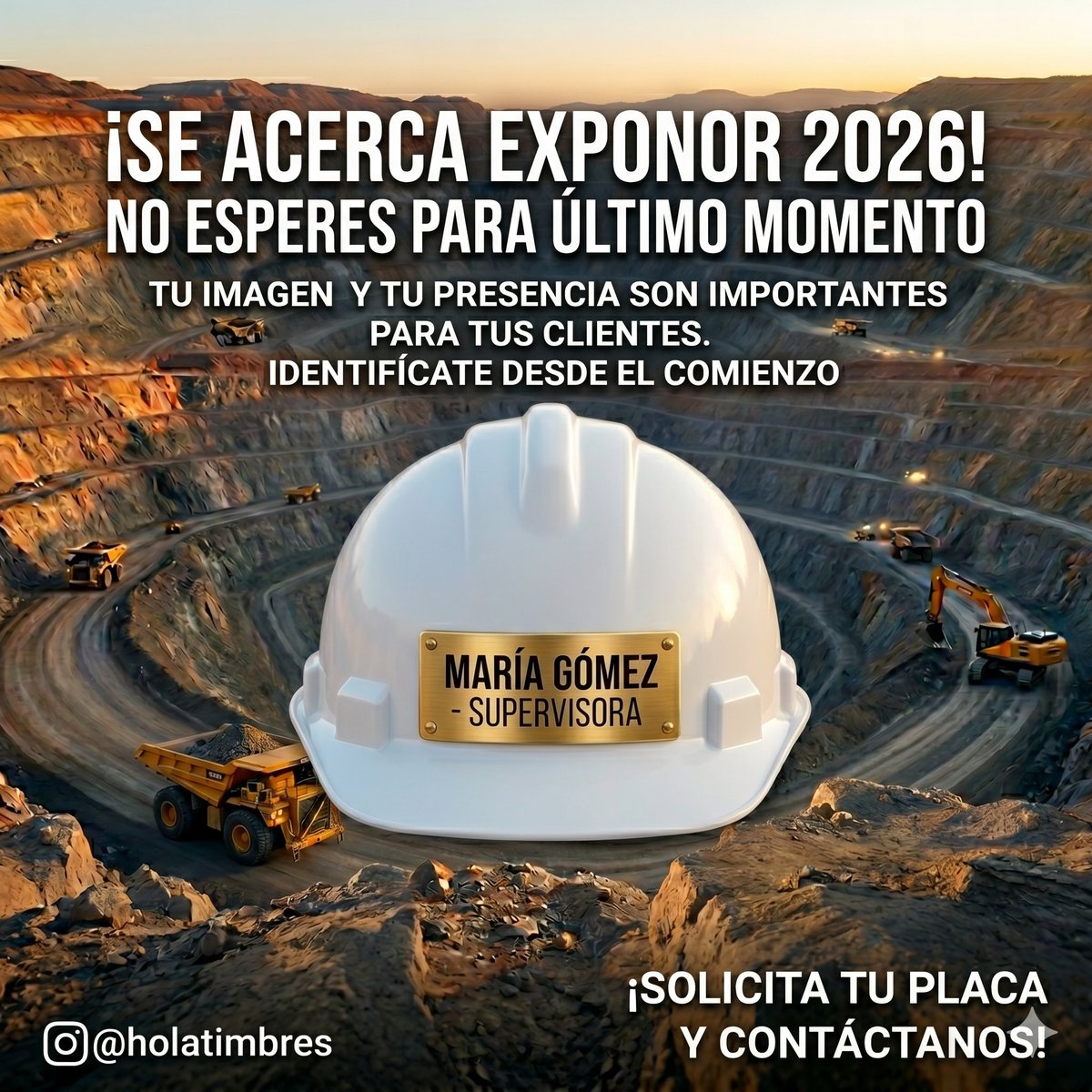 ¡Se viene EXPONOR! La feria minera más grande del norte de Chile. Asegura que tu equipo se haga notar con sus placas para cascos, credenciales, piochas profesionales, timbres personalizados y llaveros de maquinarias. No lo dejes para última hora #Antofagasta

IG: <a href="/holatimbres/">Hola! Timbres</a>