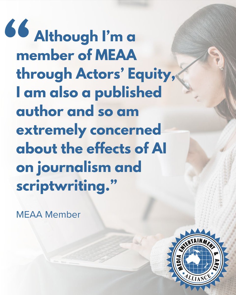 withMEAA's tweet image. A survey of MEAA members in the creative and media industries found that 71% are extremely concerned about the loss of human-led creativity.  
Support our campaign to stop AI theft and get big tech companies to pay up here:
meaa.org/stop-ai-theft

#PayUp #StopAITheft