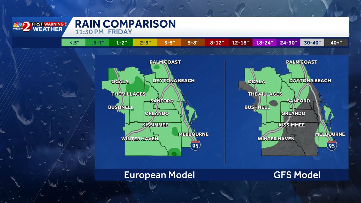 TMainolfiWESH's tweet image. Some help with the #fire danger may come in the form of some late weekend showers/storms across Central #florida. The #EURO is the more agressive model while the #GFS is much lighter. Check back for updates. #weshwx