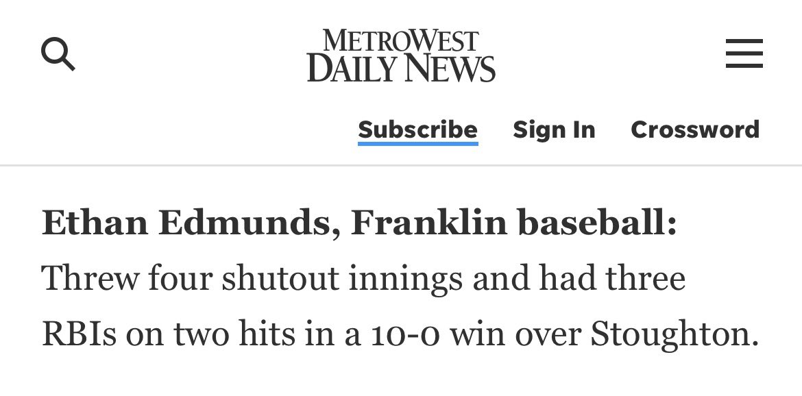 FHSCoachZBrown's tweet image. 🚨 Franklin HS ⚾️ Player Spotlight 🚨 

Congrats to FHS’29 RHP/1B Ethan Edmunds (@EEdmunds5) for being recognized for his play last week by the Daily News! Ethan went 4IP w/ 6Ks in a Shutout of Stoughton! He also went 3-6 last week with 3 RBI &amp;amp; a double! Vote for E!
#PantherPride