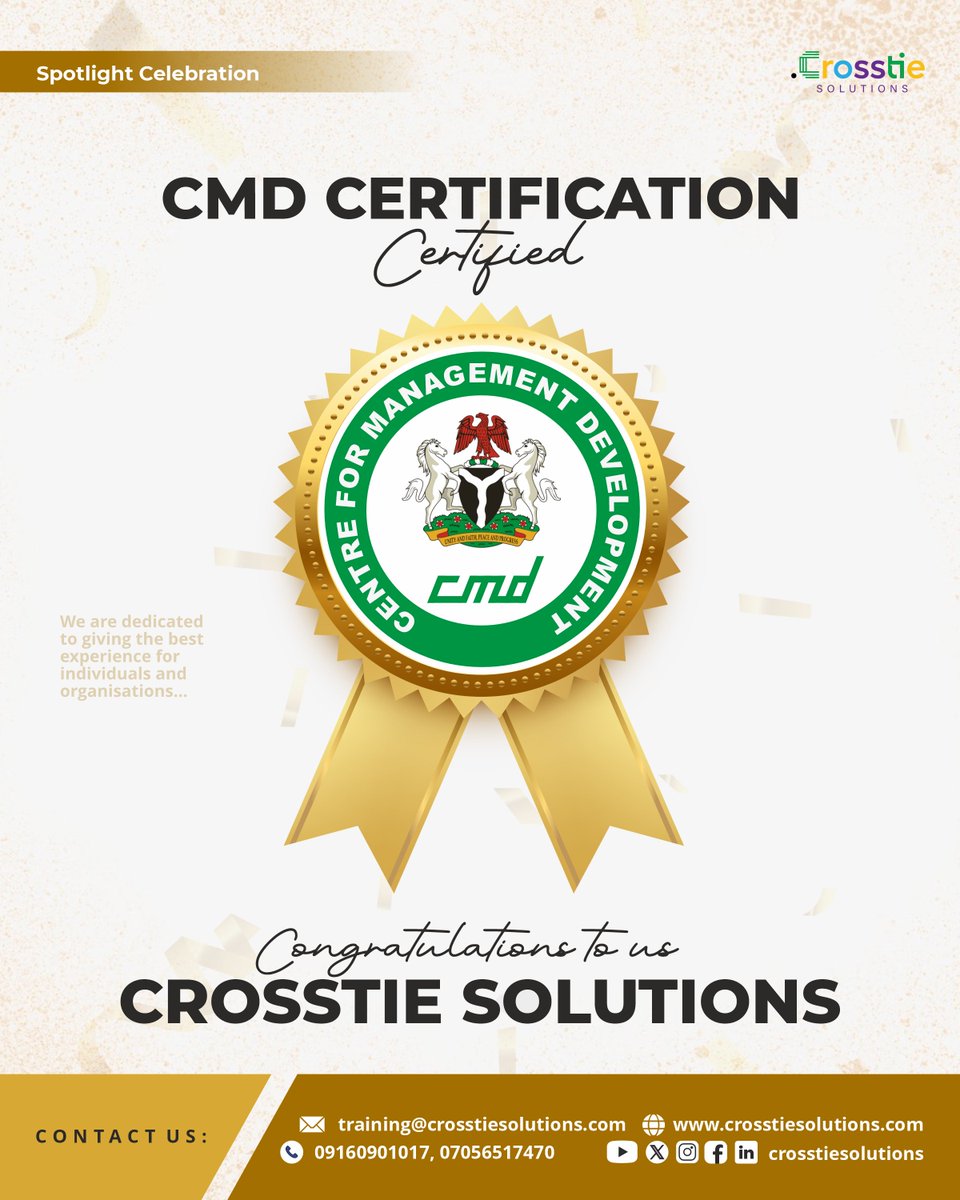 crosstiesolutns's tweet image. We are officially CMD certified! 🏆

This milestone from the Centre for Management Development reinforces our commitment to excellence and driving transformation for individuals and organizations. Onwards and upwards! 🚀

#crosstiesolutions #CMD #professionalexcellence #growth