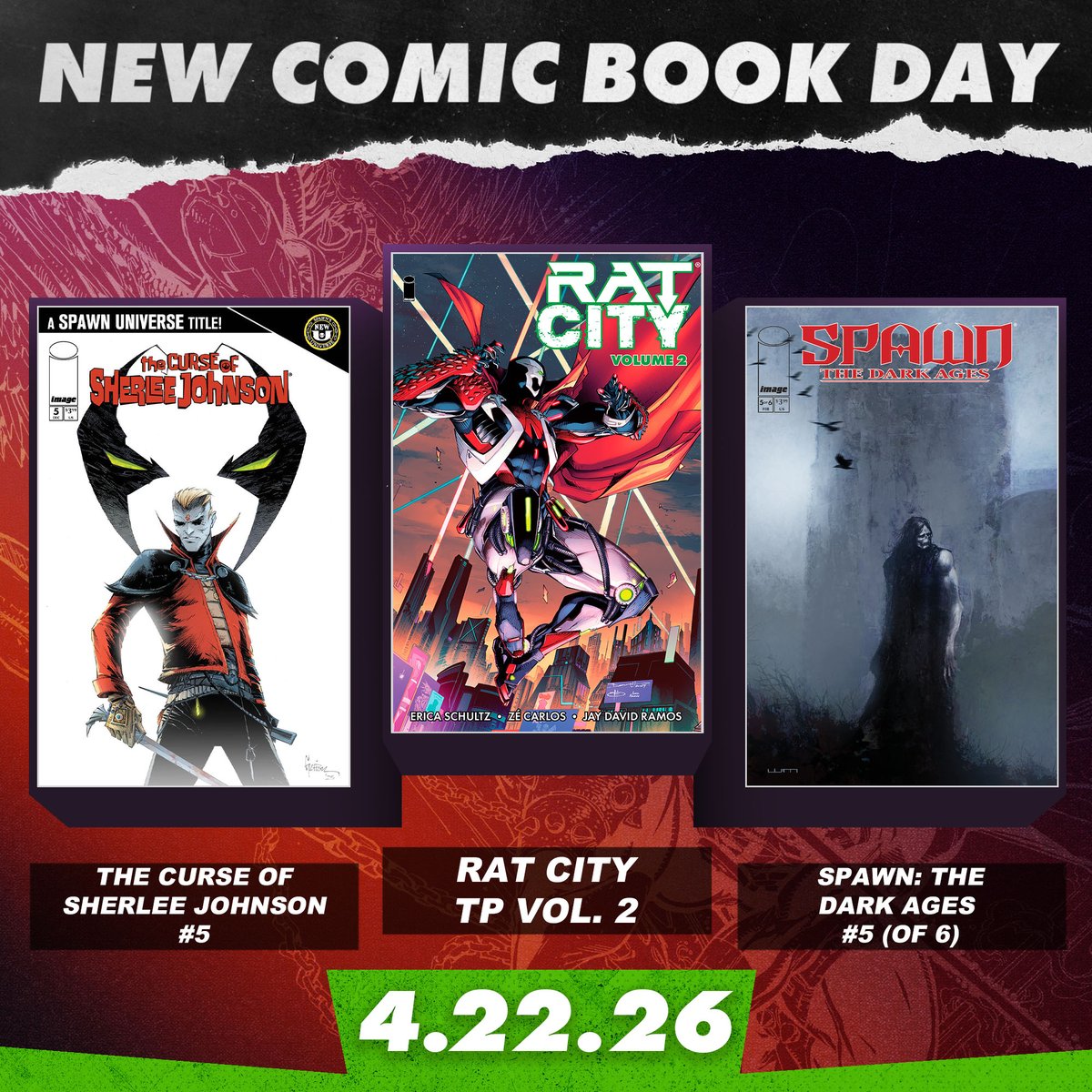 McFarlaneComics's tweet image. It's NEW COMIC BOOK DAY! Look out for THE CURSE OF SHERLEE JOHNSON #5, SPAWN: THE DARK AGES #5 (of 6), and RAT CITY TP Vol. 2 at your LCS!

#NCBD #comics #mcfarlanecomics #comicart @ImageComics  @Todd_McFarlane