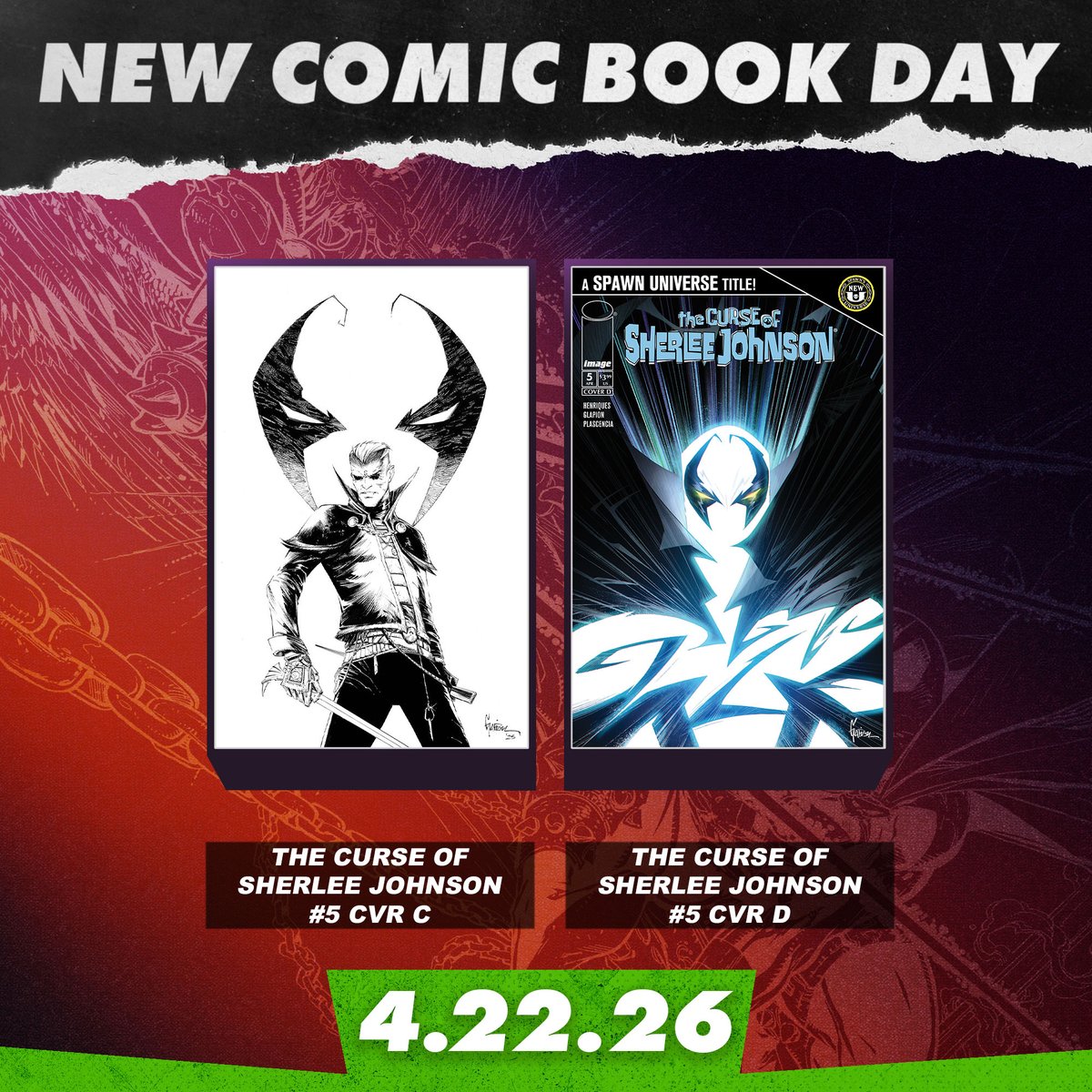 McFarlaneComics's tweet image. It's NEW COMIC BOOK DAY! Look out for THE CURSE OF SHERLEE JOHNSON #5, SPAWN: THE DARK AGES #5 (of 6), and RAT CITY TP Vol. 2 at your LCS!

#NCBD #comics #mcfarlanecomics #comicart @ImageComics  @Todd_McFarlane