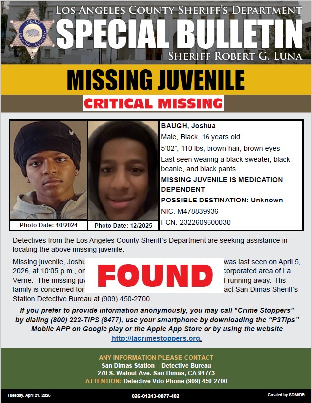 LASDHQ's tweet image. #LASD Advising Missing Juvenile, Joshua Baugh has been #found, #LaVerne
local.nixle.com/alert/12345175/