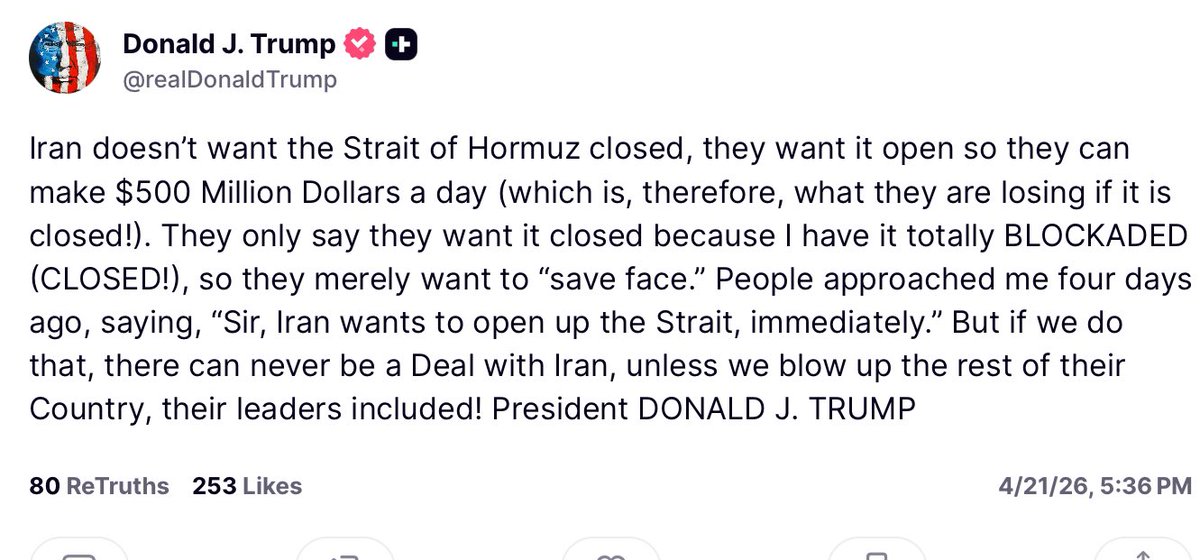 Acyn's tweet photo. Trump: People approached me four days ago, saying, "Sir, Iran wants to open up the Strait, immediately." But if we do that, there can never be a Deal with Iran, unless we blow up the rest of their Country, their leaders included! https://t.co/VjOgwnwBn0