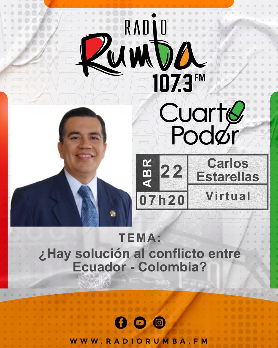 🔴Mañana en #CUARTOPODER: Dr. Carlos Estarellas (<a href="/CEstarellasV/">Carlos Estarellas</a> ), Ex Subsecretario de Relaciones Exteriores, con el tema: "¿Hay solución al conflicto entre Ecuador - Colombia?"

🕕07h20 | 107.3 FM #RadioRumba

#EcuadorColombia #RelacionesInternacionales #Diplomacia #Ecuador
