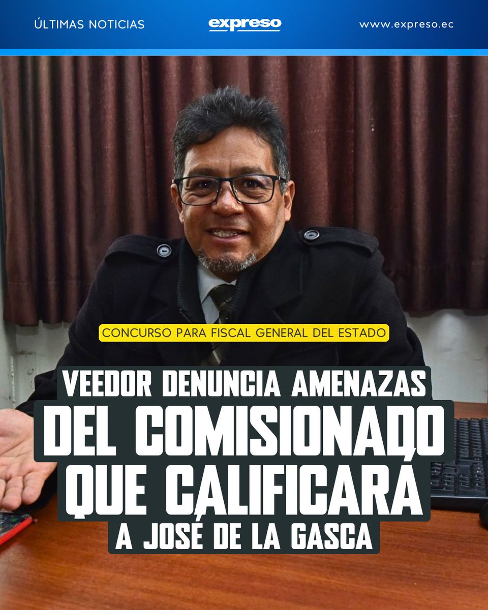 Expresoec's tweet photo. Guido Egas, coordinador de la veeduría ciudadana del concurso para fiscal general del Estado, denunció amenazas de David Flores, vicepresidente de la Comisión Ciudadana de Selección y representante de la Función Ejecutiva. Flores Brandt, además, fue sorteado para calificar los méritos del exministro y postulante José De La Gasca.

Los detalles: https://t.co/jHgtndQmL8