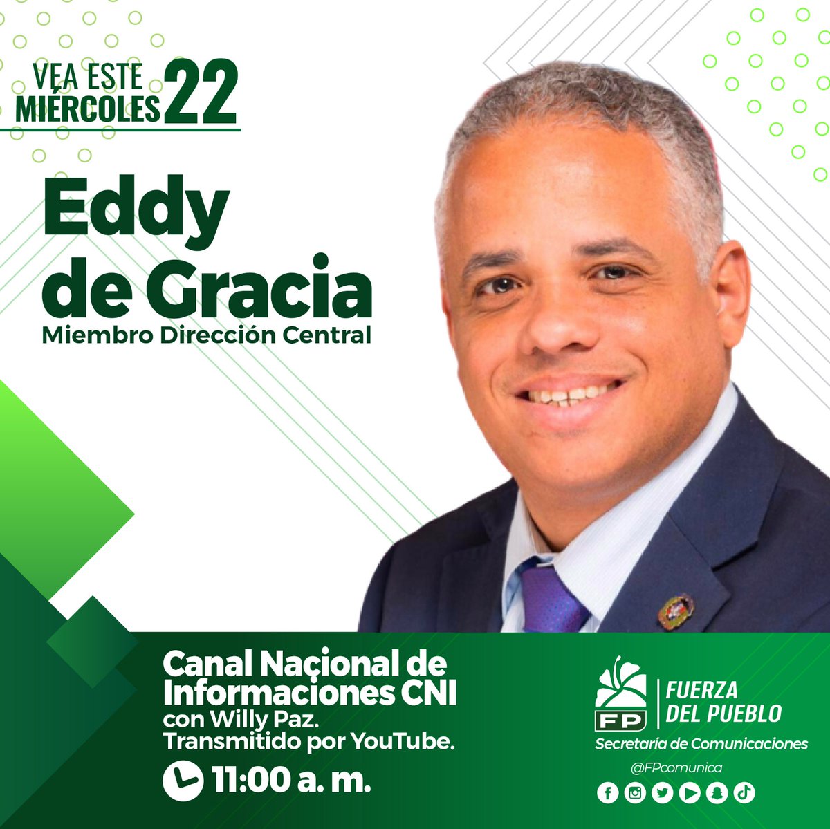 🎥 🎙️|Entrevista de este miércoles 22 de abril a Eddy de Gracia, miembro Dirección Central FP

Hora⏰: 11:00 a.m.

Programa: Canal Nacional de Informaciones CNI
 
Transmitido por YouTube 

#FPComunica
#FuerzaDelPueblo
<a href="/EddyDeGarci/">Eddy De García</a>