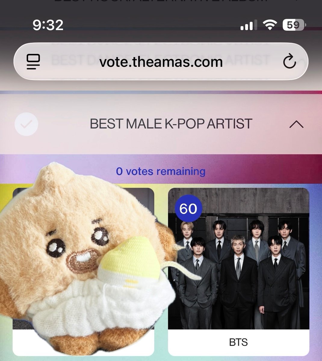 아직 안하신 분들 링크 타고 가서 60표씩 하시면 되요.
[Artist of the year]
vote.theamas.com/artist-of-the-…
[Song of the summer]
vote.theamas.com/song-of-the-su…
[Best male k-pop artist]
vote.theamas.com/best-male-k-po…