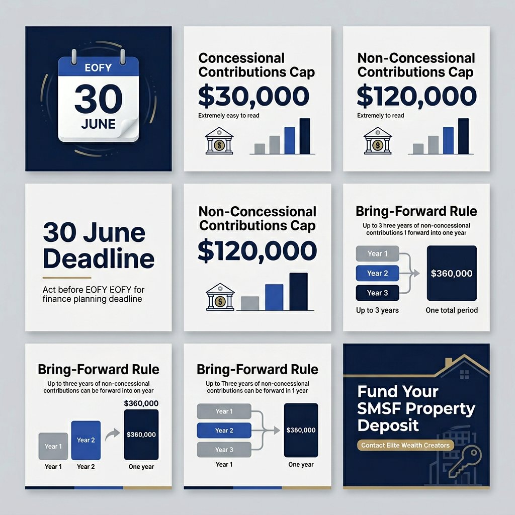 WealthElite's tweet image. EOFY Super Stacking: 30 June is near! Your super cap doesn't roll over. Understand concessional ($30k) &amp;amp; non-concessional ($120k, with bring-forward) caps to fund your SMSF property. Avoid excess tax. Are you using the bring-forward rule this year? #SMSF #EOFY #Super