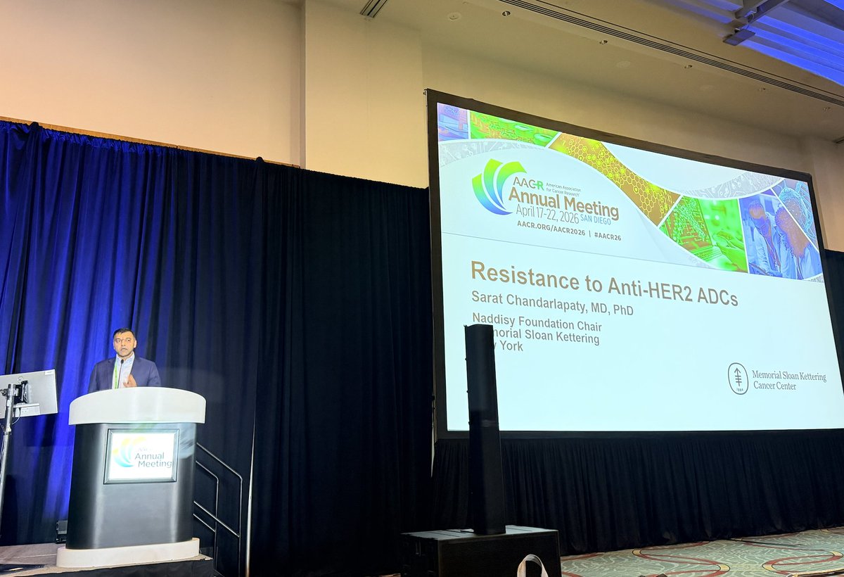 MSKCancerCenter's tweet image. Today, MSK physician-scientist Dr. Sarat Chandarlapaty shared his research on how #cancer develops resistance to #HER2 antibody-drug conjugates during a session at #AACR26.