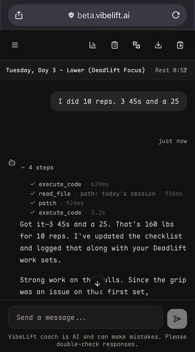 vibelift_ai's tweet photo. YES, your agent coach runs code to calculate for you. Never guessing. https://t.co/4r8gUQutrV