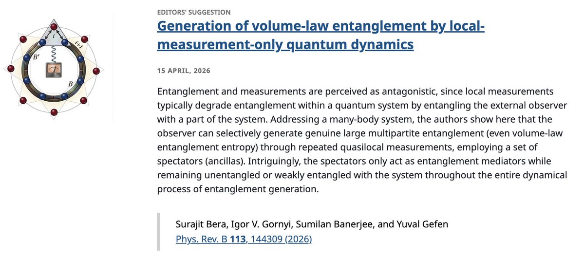 PhysRevB's tweet image. PRB Editors' Suggestion: Generation of volume-law #entanglement by local-measurement-only #quantum dynamics

Surajit Bera, Igor V. Gornyi, Sumilan Banerjee, and Yuval Gefen
Phys. Rev. B 113, 144309

➡️ go.aps.org/4mDOycn
#EdSugg @APSPhysics #physics #condmat