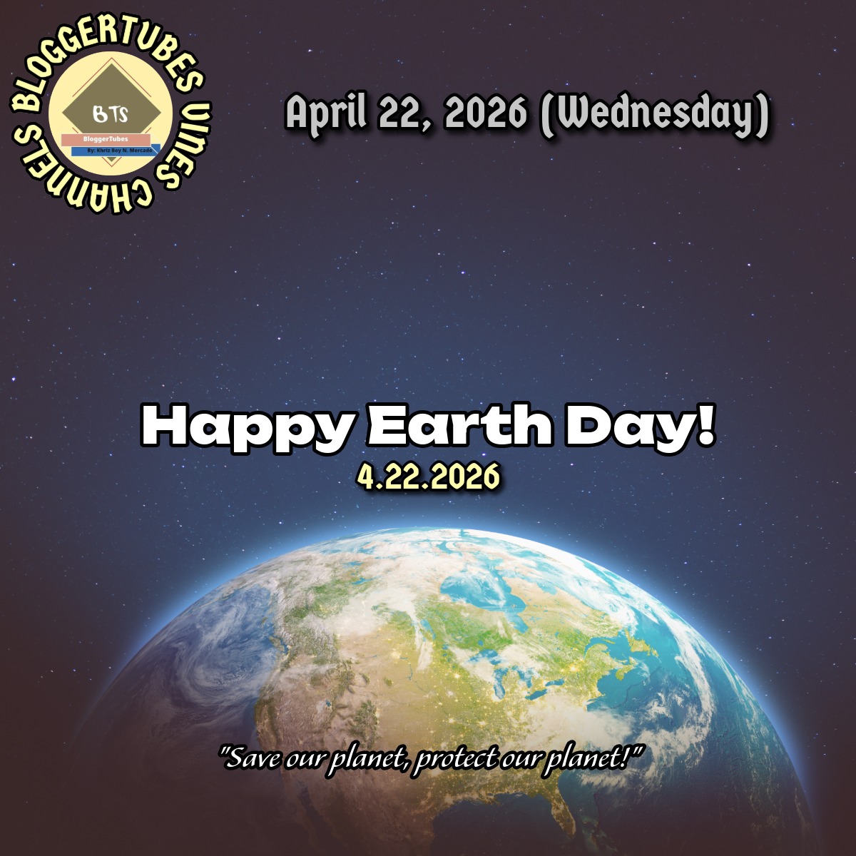 BloggerTubes's tweet image. Happy Earth Day 🌐♻️🌏🇵🇭💌📰
"Save our planet, protect our planet!" 🌏🇵🇭

On April 22, 2026 (Wednesday) 🇵🇭🗓️✅
📍 Batangas City, Philippines

#BloggerTubes #KaBloggers #supportlocal #BloggerTubesVinesChannels #EarthDay #HappyEarthDay #saveourplanet #ProtectOurPlanet #April22