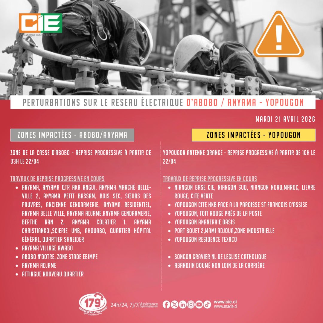 CIEofficiel's tweet photo. ℹ️ Point réseaux Abidjan - incidents et travaux en cours

#infosreseaux 
#Abidjan 
#riviera 
#faya
#palmeraie 
#bingerville 
#Angré
#plateau 
#koumassi 
#treichville 
#Yopougon
#Abobo
#Anyama 
#songon 
#Attingue https://t.co/8Dfi1mvBM1