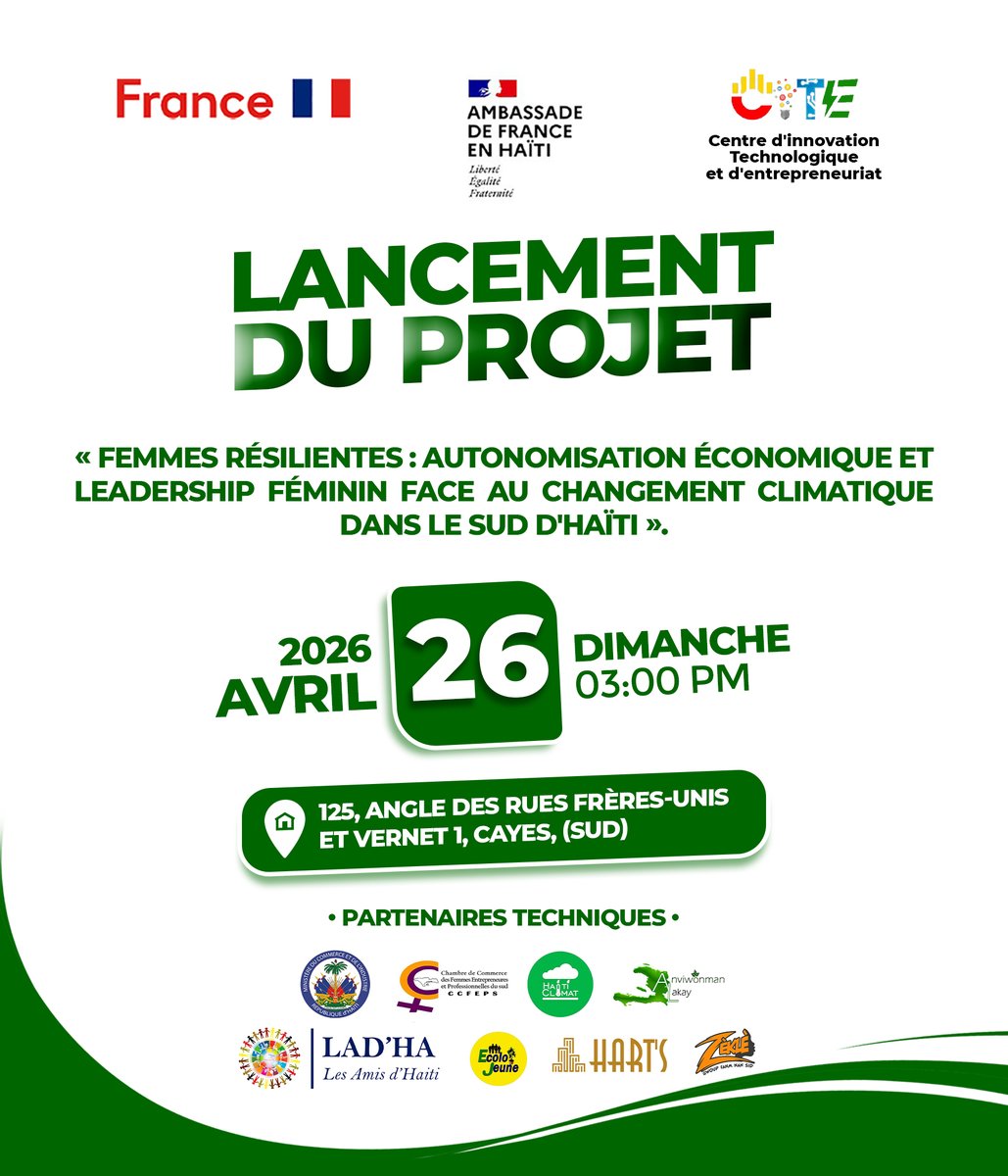 cite04's tweet photo. Le @cite04 lance officiellement le projet « Femmes Résilientes » ce 26 avril aux Cayes.
Soutenu par l'@ambafranceht (FEF-OSC), il appuie 100 filles-mères et femmes rurales aux Cayes et à Cavaillon pour renforcer leur résilience, autonomie et leadership face aux défis climatiques. https://t.co/NrVuiOj3Jy