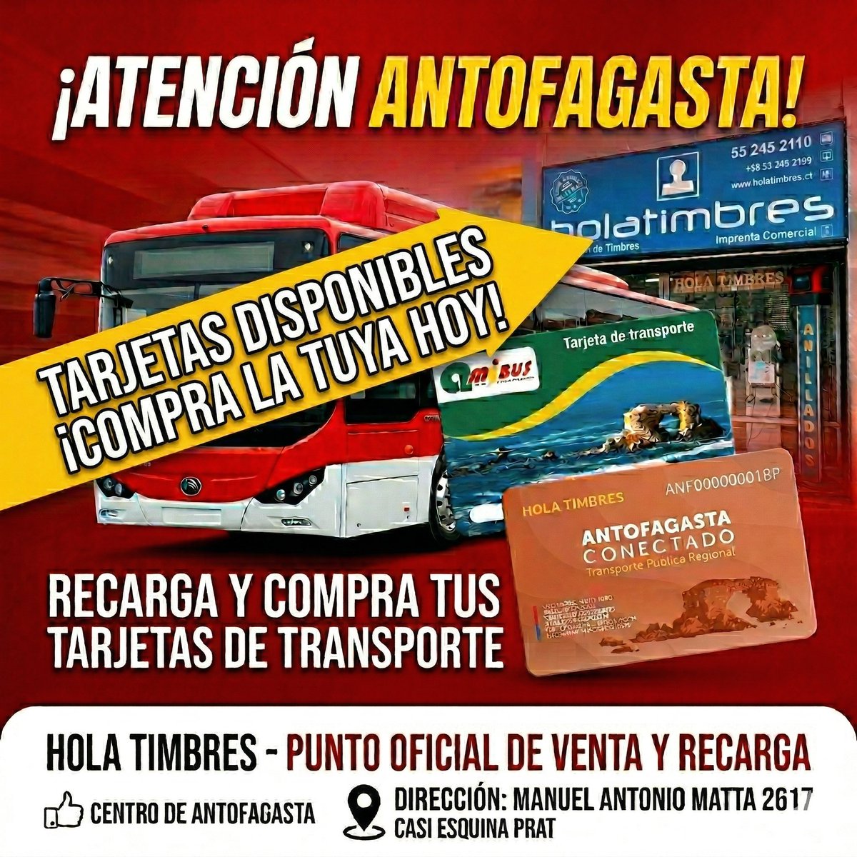 🔴🔴🔴 ¡HAN LLEGADO! Volvemos a contar con stock de tarjetas para transporte en nuestra tienda Hola Timbres. Ven a comprar la tuya antes de que se agoten!

📍 Manuel Antonio Matta 2617, casi esquina Prat
⏰ Lunes a viernes de 9:30 a 18:30

#Antofagasta